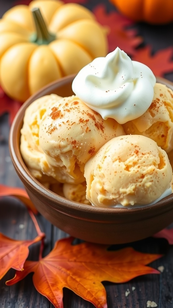 A bowl of pumpkin ice cream topped with cinnamon and whipped cream, surrounded by autumn leaves and a pumpkin.